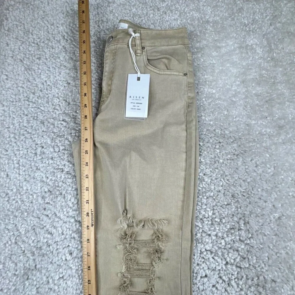 RISEN LOS Angeles Sand High Rise Distressed Straight Leg Jean Raw Hem 7/28 NEW - Picture 13 of 16